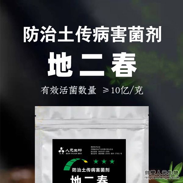 【地二春】土傳病害防治菌劑由河南省微生物菌劑工程技術研究中心研制，鶴壁市人元生物技術發(fā)展有限公司生產(chǎn)，本品根據(jù)土壤生態(tài)環(huán)境及土傳病害機理，以枯草、地衣芽孢桿菌、哈茨木霉菌、放線菌、白僵菌、綠僵菌及淡紫擬青霉等菌群為主，經(jīng)特殊培養(yǎng)精心研制而成的新一代抗土傳病害復合微生物菌劑。
