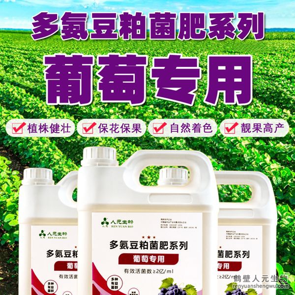 多氨豆粕菌肥系列葡萄專用肥由河南省微生物菌劑工程技術(shù)研究中心研制，鶴壁市人元生物技術(shù)發(fā)展有限公司生產(chǎn)，本品是以固態(tài)發(fā)酵豆粕為主要原料，豆粕經(jīng)過有益微生物菌種發(fā)酵分解，充分釋放游離氨基酸，同時(shí)輔以枯草、地衣、膠凍樣芽孢桿菌等有益菌群。
