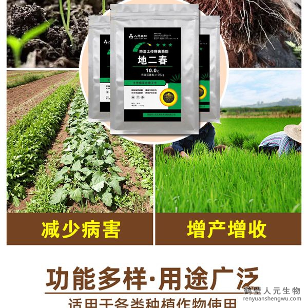 【地二春】土傳病害防治菌劑根據(jù)土壤生態(tài)環(huán)境及土傳病害機理，以枯草、地衣芽孢桿菌、哈茨木霉菌、放線菌、白僵菌、綠僵菌及淡紫擬青霉等菌群為主，經(jīng)特殊培養(yǎng)精心研制而成的新一代抗土傳病害復合微生物菌劑。能快速有效抑制土壤中的真菌、細菌、病毒等病菌，具有廣譜高效、安全長效，無殘留等特點。特別加入中微量元素、核苷酸、整合植物蛋白，生根因子，抗病抗逆因子，促進作物增產(chǎn)增收。