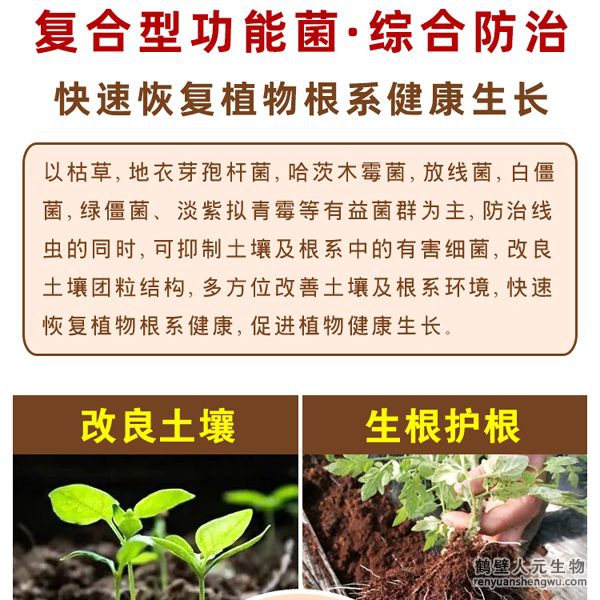 通過營養(yǎng)競爭、重寄生、細胞壁分解酵素、以及誘導植物產(chǎn)生抗性等多重機制，通過分泌胞外酶溶解細胞壁，穿透寄主菌絲，吸取營養(yǎng)，進而將病原菌殺死，具有保護雙重功效。有效防止土傳病害真菌、細茵、病毒等病菌，具有廣譜高效、安全長效，無殘留等特點。特別加入中微量元素、核苷酸、整合植物蛋白，生根因子，抗病抗逆因子，可提高作物產(chǎn)量，增產(chǎn)15-20%，蔬菜瓜果增產(chǎn)30%。
